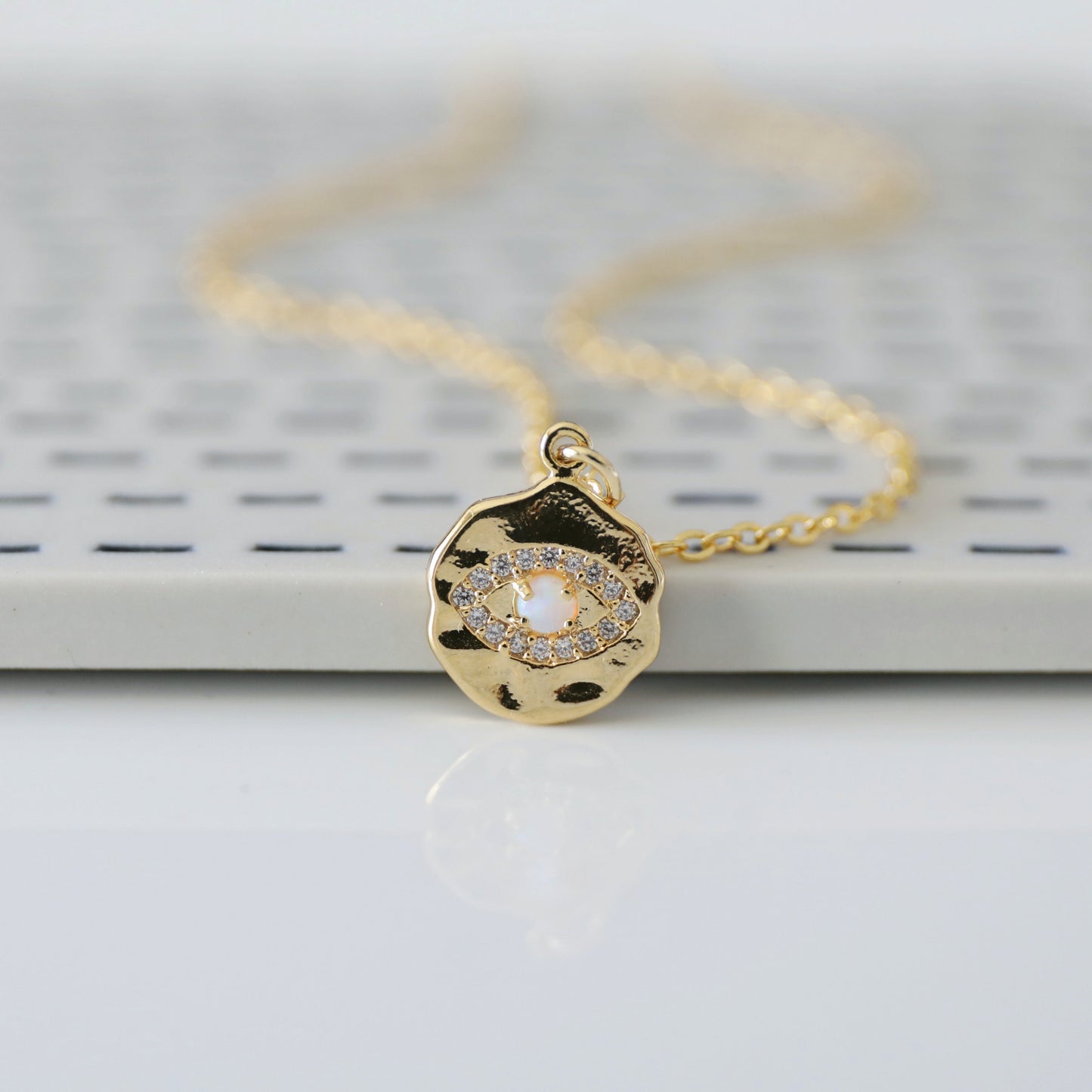 Evil Eye Necklace, Gold Evil Eye with Opal Stone Necklace, Gold Eye Necklace, Minimalist Necklace