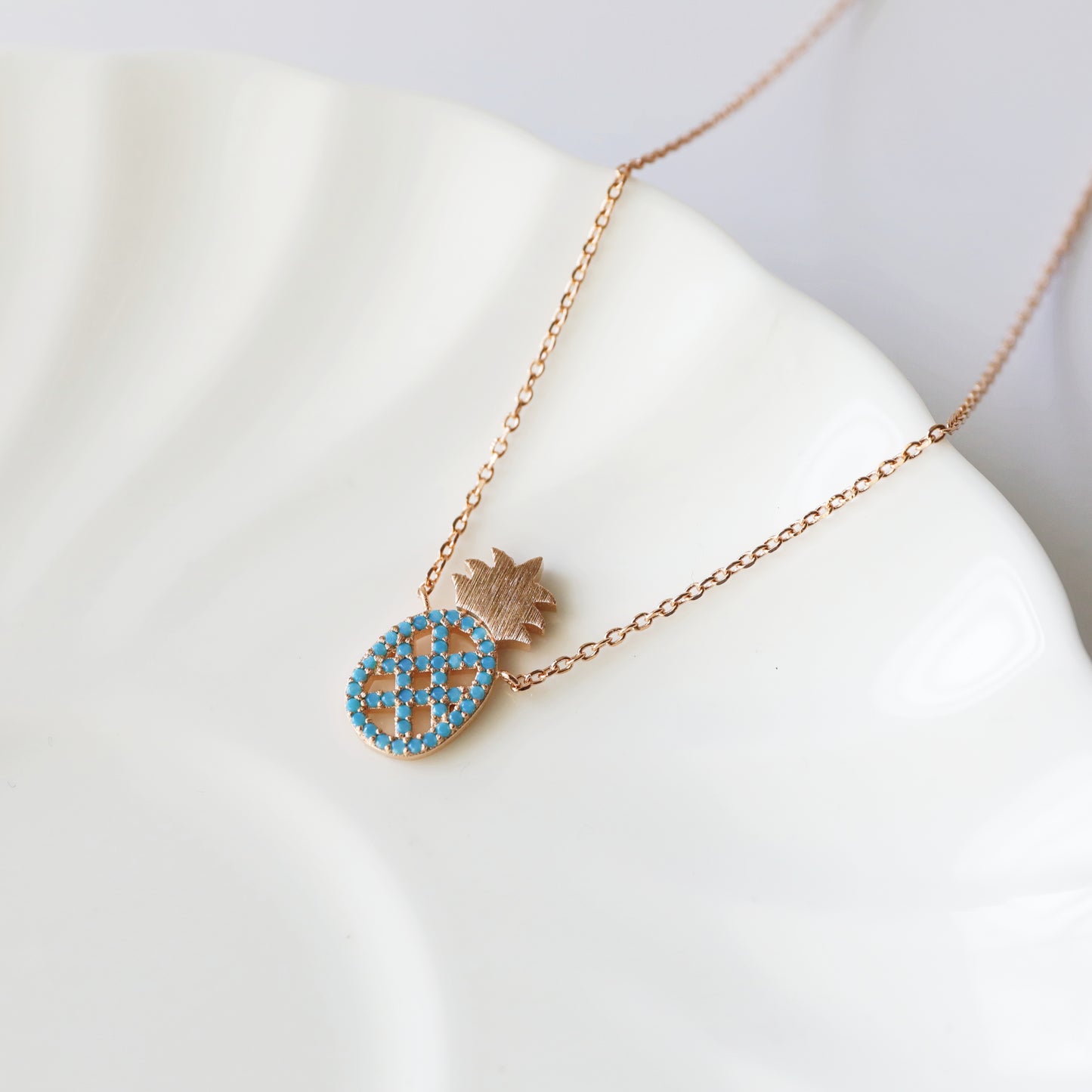 Dainty Pineapple Necklace, Rose Gold with Turquoise Stone Pineapple Necklace, Bridesmaid Gift, Birthday Gift