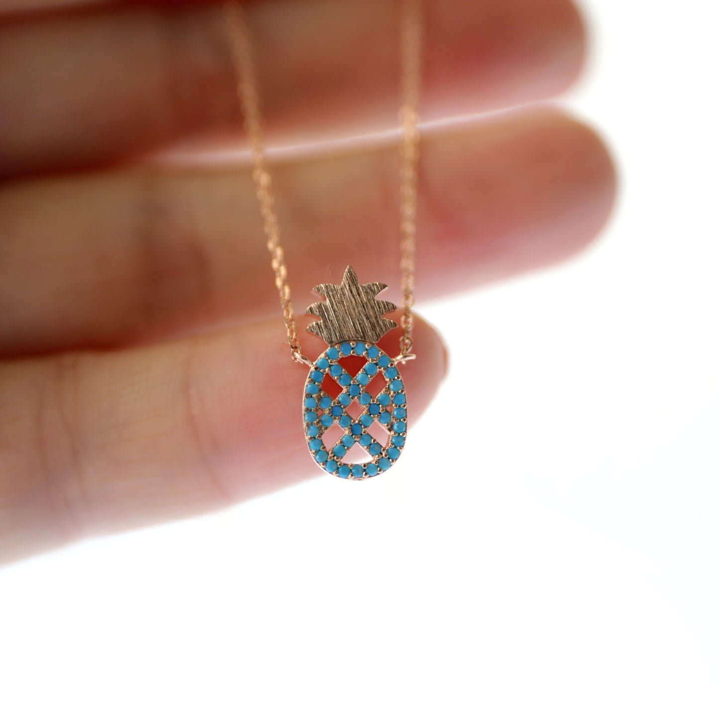 Dainty Pineapple Necklace, Rose Gold with Turquoise Stone Pineapple Necklace, Bridesmaid Gift, Birthday Gift
