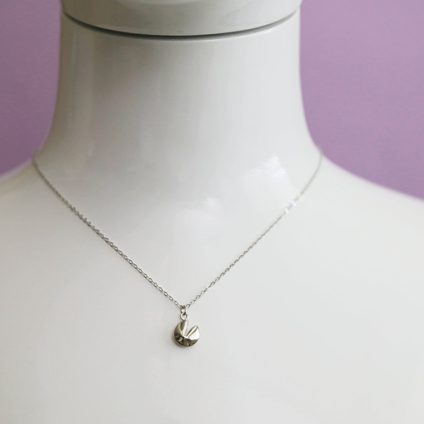 Dainty Silver Fortune Cookie Necklace, Lucky Charm Necklace