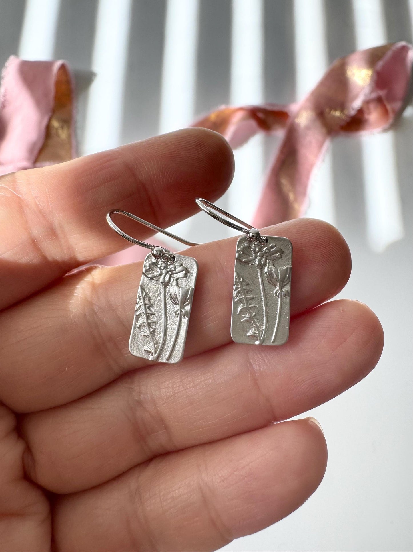 Flower Rectangle Dangle Earrings, Silver Flower French Ear-wire Earrings,Birthday Gift,Graduation Gift