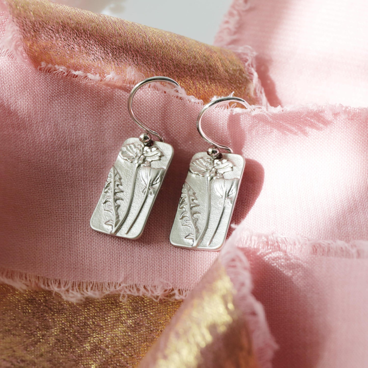 Flower Rectangle Dangle Earrings, Silver Flower French Ear-wire Earrings,Birthday Gift,Graduation Gift
