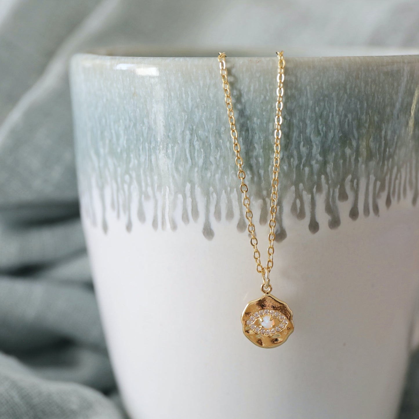 Evil Eye Necklace, Gold Evil Eye with Opal Stone Necklace, Gold Eye Necklace, Minimalist Necklace