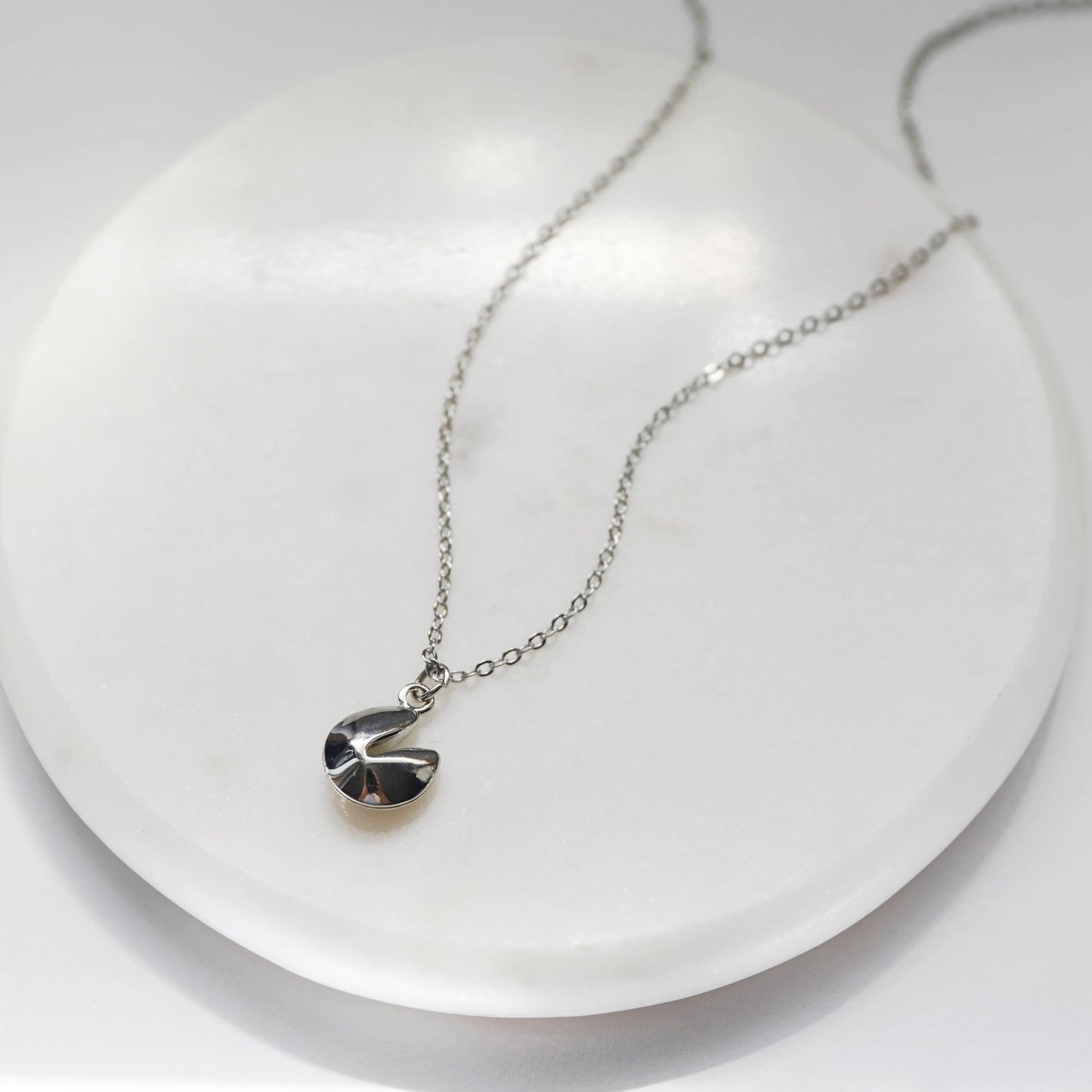 Dainty Silver Fortune Cookie Necklace, Lucky Charm Necklace