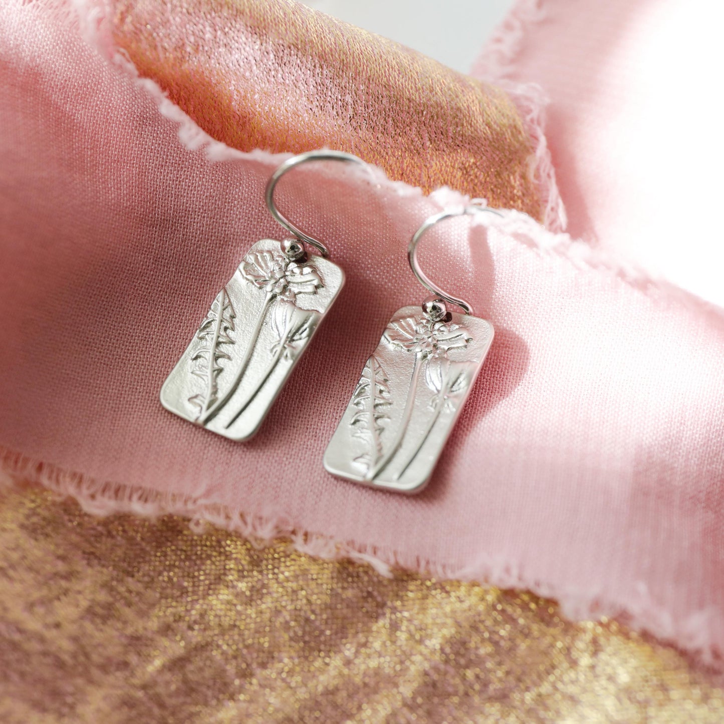 Flower Rectangle Dangle Earrings, Silver Flower French Ear-wire Earrings,Birthday Gift,Graduation Gift