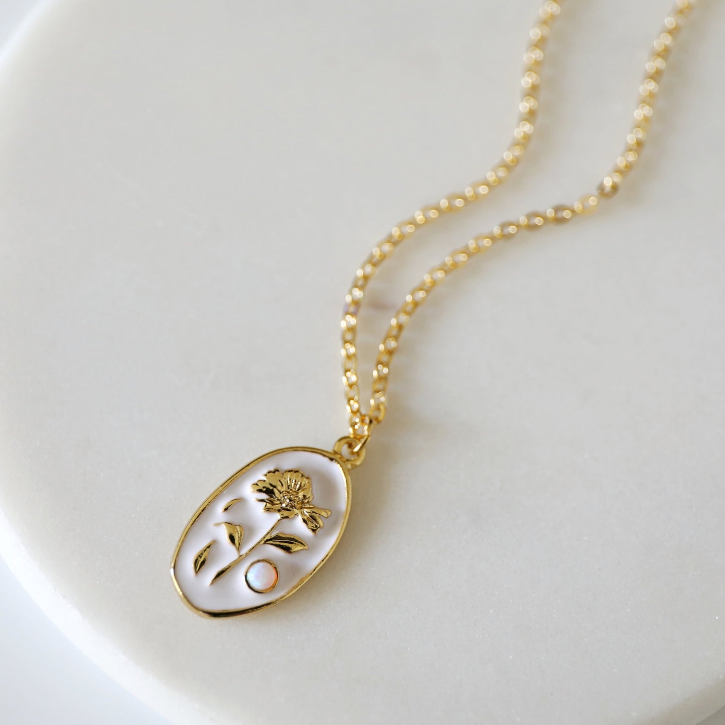 Flower Pendant Necklace, White Enamel Opal Stone Flower Necklace, Flower Opal Necklace, Gift for Best Friends,Bridesmaid Gift,Birthday Gift