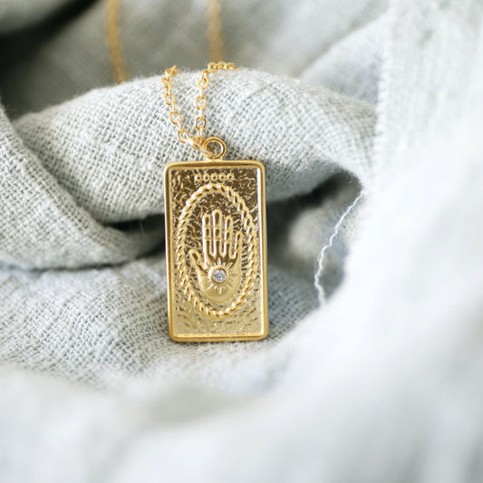 Gold Hamsa Rectangle Pendant Necklace