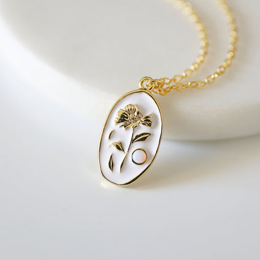 Flower Pendant Necklace, White Enamel Opal Stone Flower Necklace, Flower Opal Necklace, Gift for Best Friends,Bridesmaid Gift,Birthday Gift