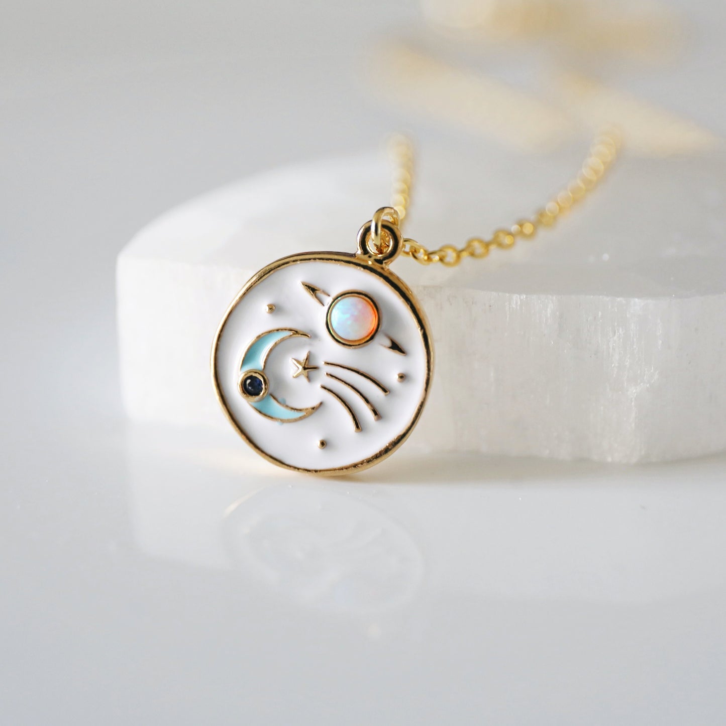 Celestial Necklace, Moon and Star Necklace, Planet Opal Necklace, Universe Jewelry, Spiritual Jewelry, Gift for Her, Minimalist Jewelry