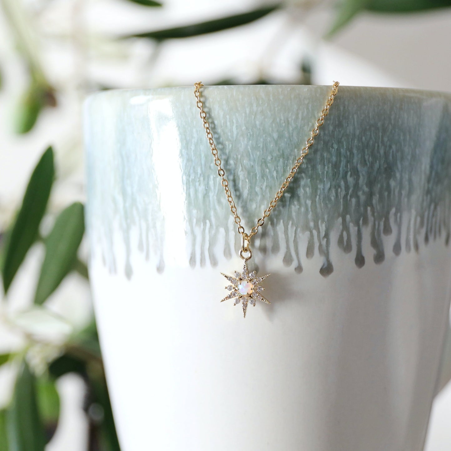Gold North Star with Opal Stone Charm Necklace