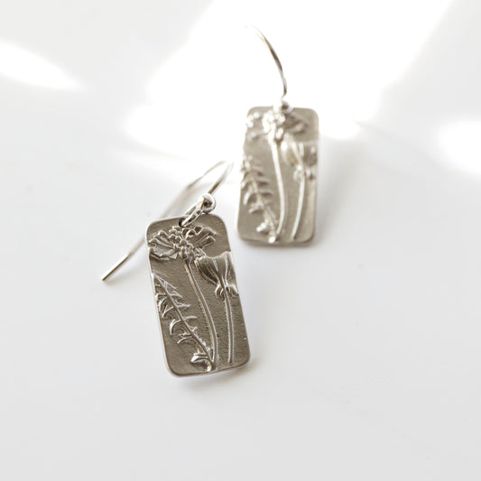 Flower Rectangle Dangle Earrings, Silver Flower French Ear-wire Earrings,Birthday Gift,Graduation Gift