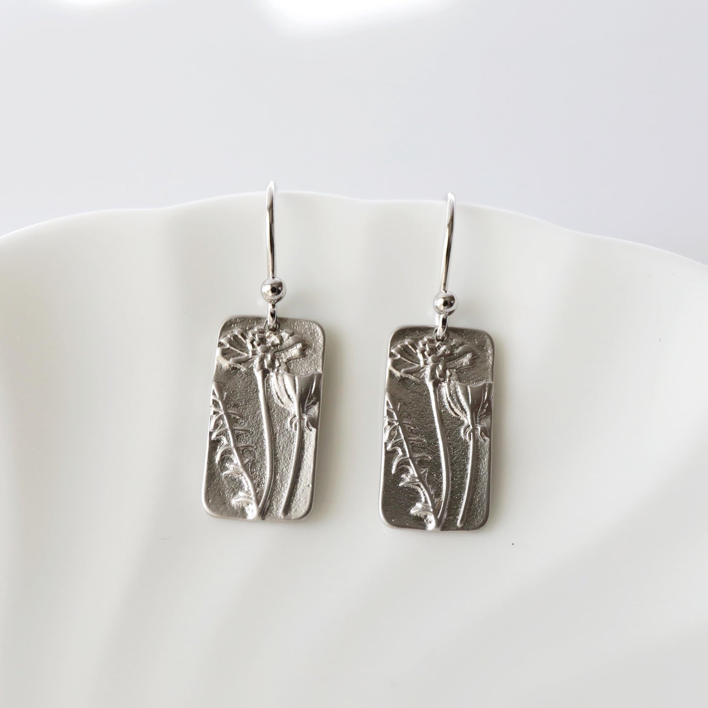 Flower Rectangle Dangle Earrings, Silver Flower French Ear-wire Earrings,Birthday Gift,Graduation Gift