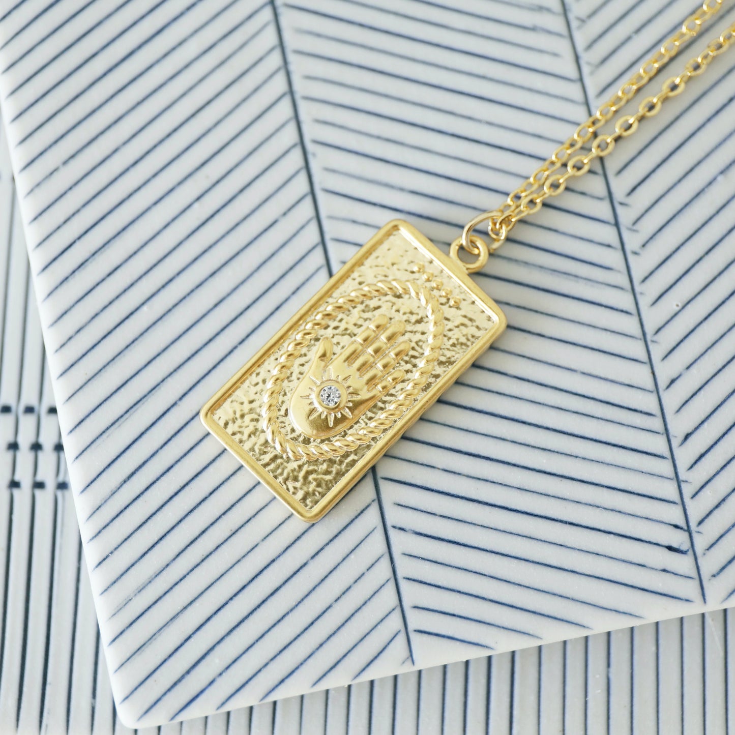 Gold Hamsa Rectangle Pendant Necklace