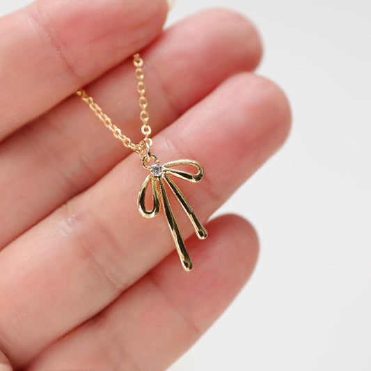 Gold Bow Charm Necklace, Bow Necklace, Bridesmaid Gift,Birthday Gift, Best Friend Gift, Wired Bow Necklace,Tie the Knot Necklace