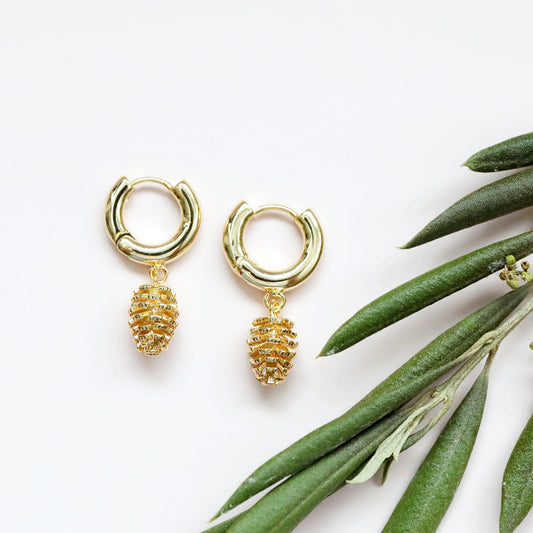 Gold Pinecone Huggie  Earrings