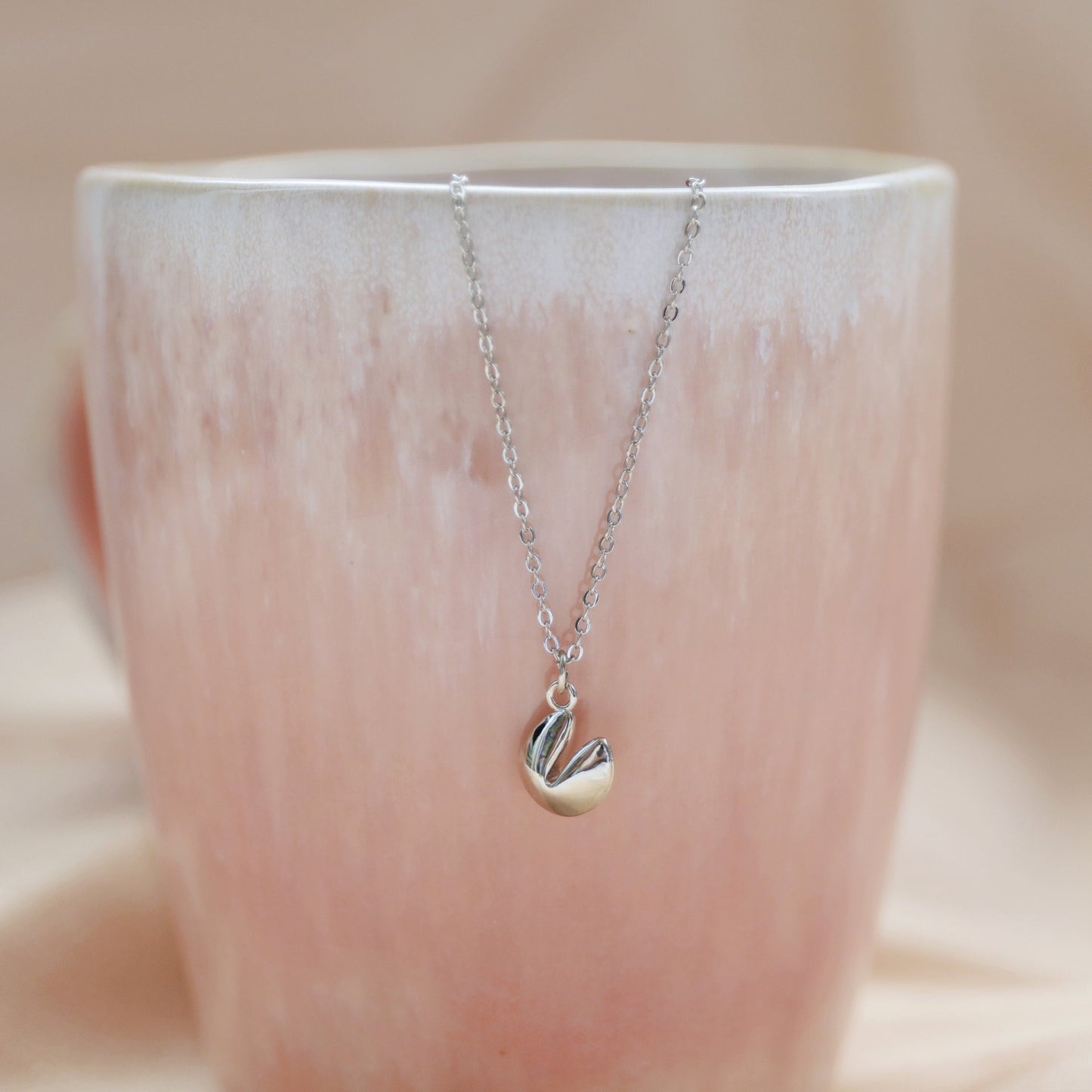 Dainty Silver Fortune Cookie Necklace, Lucky Charm Necklace