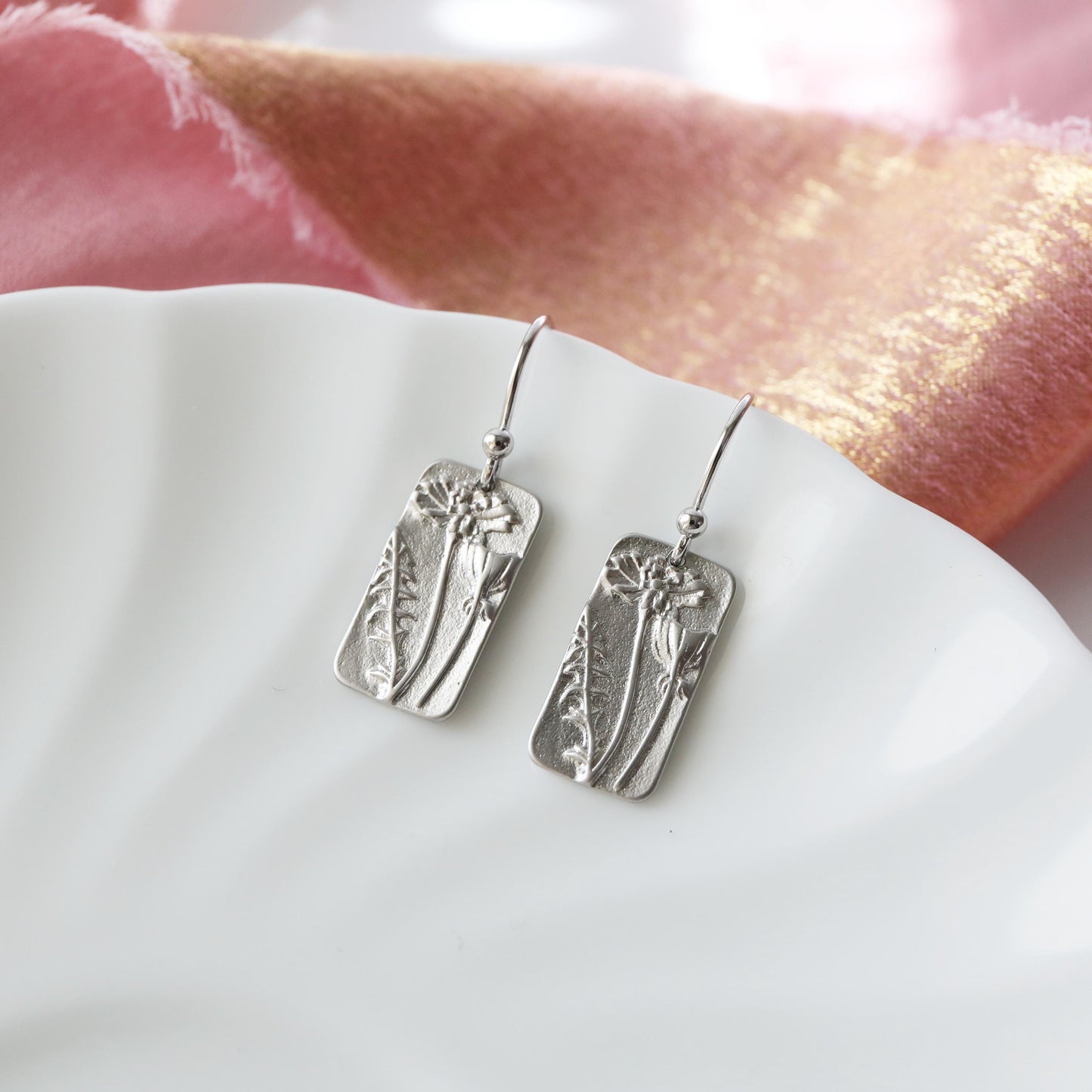 Flower Rectangle Dangle Earrings, Silver Flower French Ear-wire Earrings,Birthday Gift,Graduation Gift