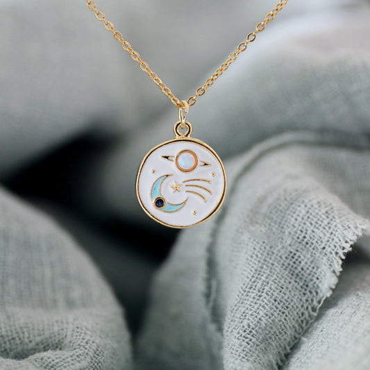 Celestial Necklace, Moon and Star Necklace, Planet Opal Necklace, Universe Jewelry, Spiritual Jewelry, Gift for Her, Minimalist Jewelry
