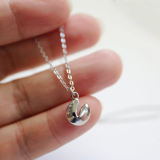 Dainty Silver Fortune Cookie Necklace, Lucky Charm Necklace